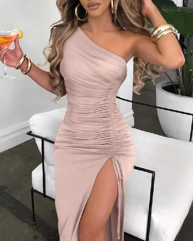 ONE SHOULDER DRAWSTRING RUCHED HIGH SLIT DRESS Cocktail unclassified dresses