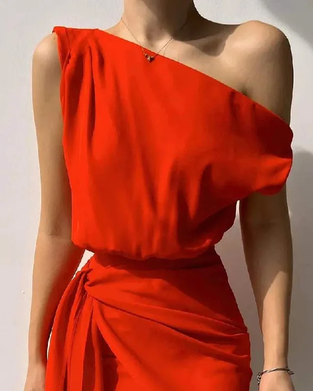 ONE SHOULDER TIED DETAIL CASUAL DRESS Halter unclassified dresses