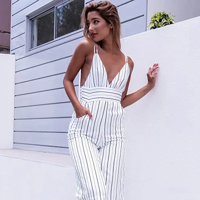 Striped Strap Jumpsuits Women Sleeveless Rompers Female Backless Playsuits Overalls White Casual 2022 Summer Beach V Neck Tulle unclassified dresses