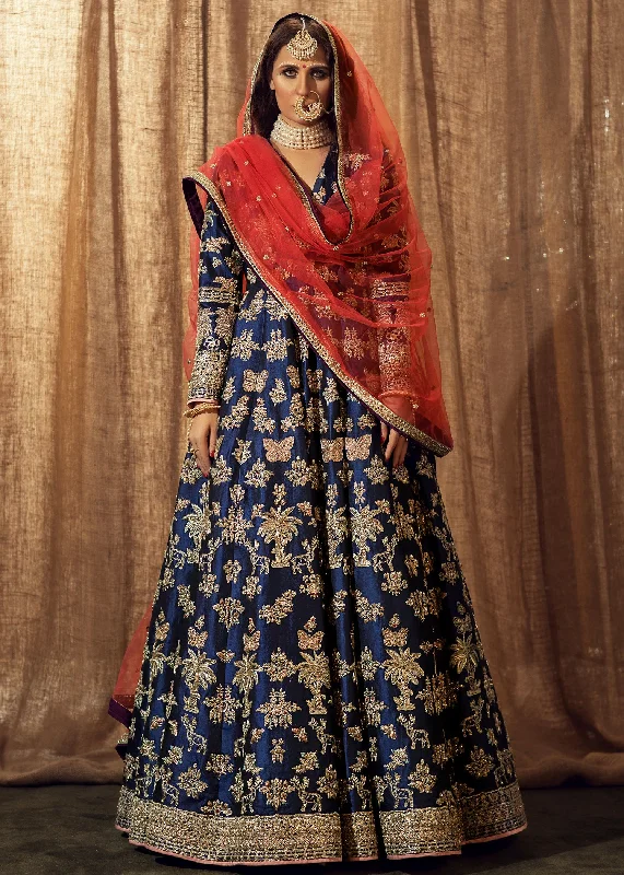 Pakistani Bridal Mehndi Dress Blue Frock And Red Dupatta Tulle unclassified dresses