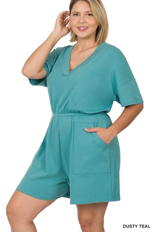 PLUS DROP SHOULDER V-NECK ROMPER WITH POCKETS Ruffled unclassified dresses