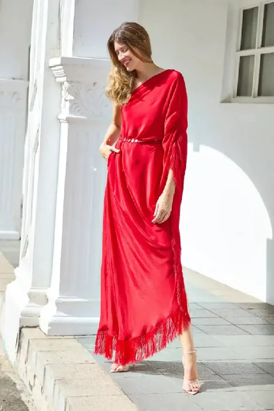 Red One Shoulder Kaftan With Mirror Belt Minimalist unclassified dresses