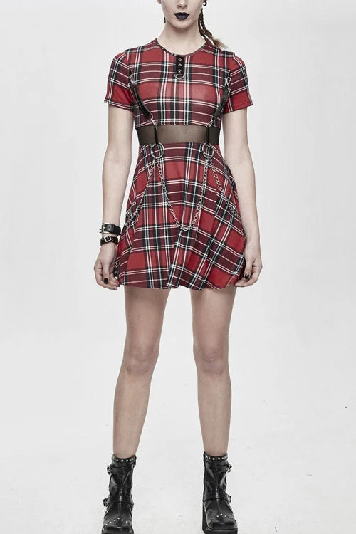 Red Plaid Mesh Stretchy Mid Length Scottish With Chains Gothic Womens Dress Monochrome unclassified dresses