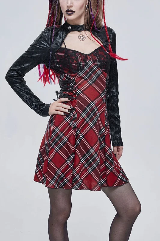 Red Punk Scottish Plaid Knitted FabricWaist Side Strap Design Metal Pentagram Decoration Women's Dress Knitted unclassified dresses