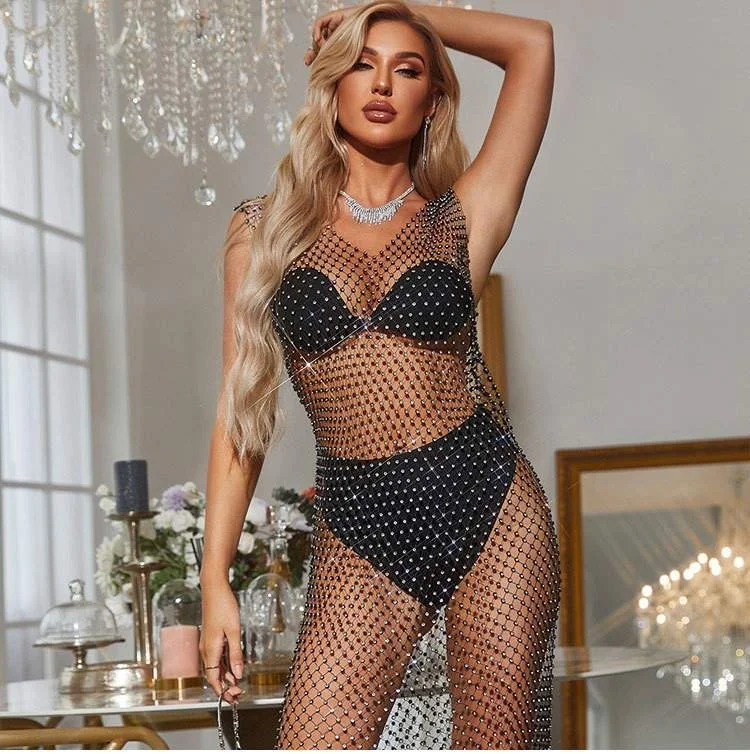 Rhinestone Bikni Cover Up Sleeveless Sheer Mesh Fishnet Beach Fashionable unclassified dresses