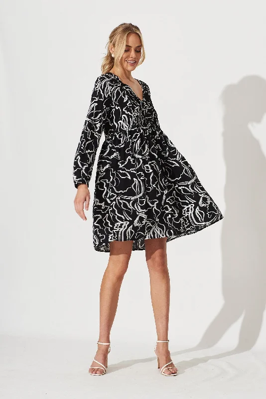 Saba Smock Dress In Black With White Swirl Print Short unclassified dresses