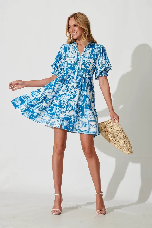 Santanna Smock Dress In Blue And White Patchwork Satin unclassified dresses