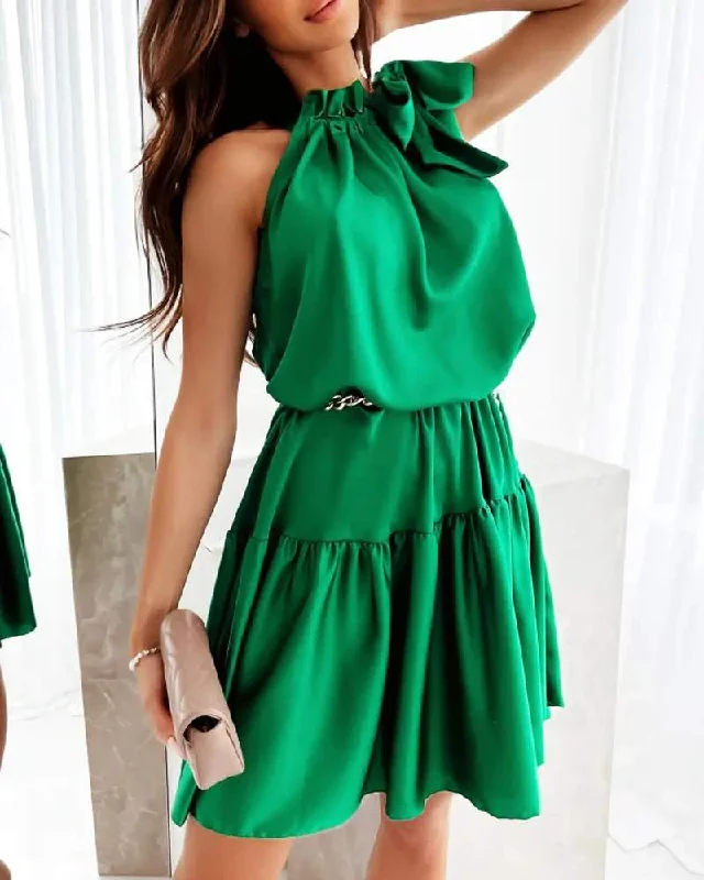 SATIN TIED DETAIL RUFFLE HEM FLOWY SWING DRESS Minimalist unclassified dresses