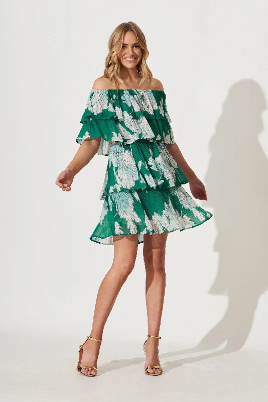 Scarleta Dress In Green With Cream Print Pleated Chiffon Tiered unclassified dresses