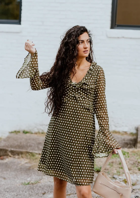 "Sentimental Feelings" Polka Dot Ruffle Dress - Sage Long sleeve unclassified dresses