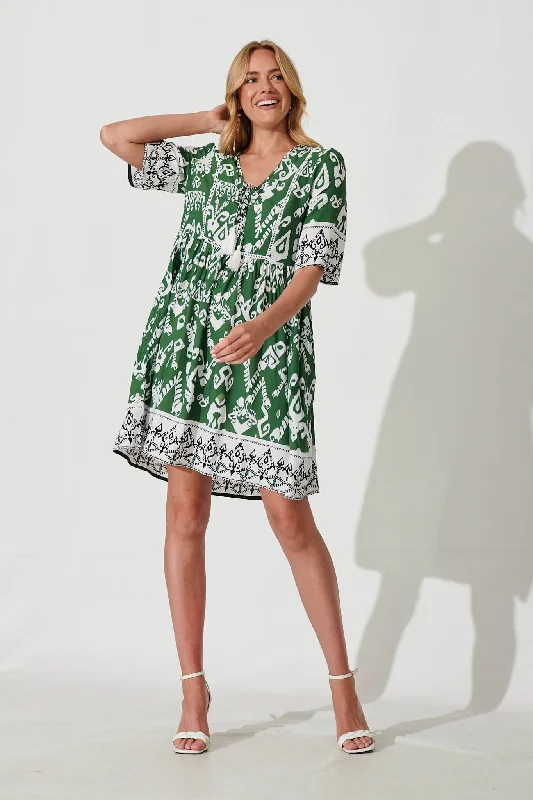 Shake It Out Smock Dress In Green And Cream Aztec Print Soft fabric unclassified dresses