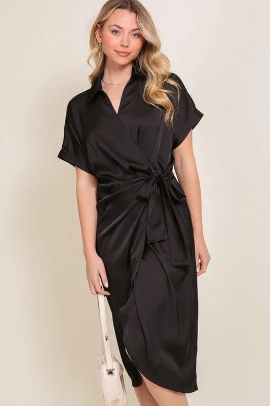 SURPLICE SATIN WRAP DRESS Dark color unclassified dresses