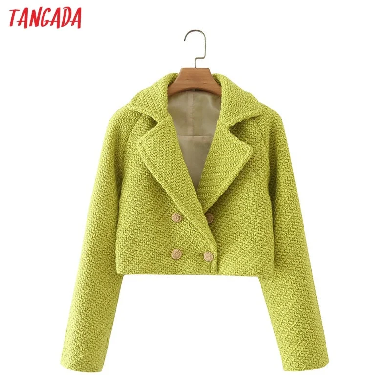 Tangada Women Green Tweed Crop Blazer Coat Vintage Notched Collar Pocket 2022 Autumn Winter Female Casual Chic Tops DA30 Casual unclassified dresses