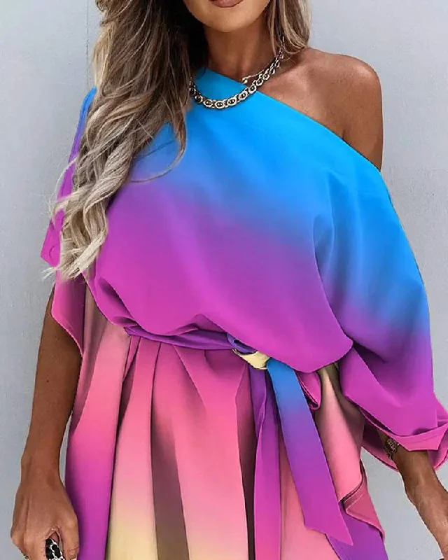 TIE DYE PRINT CLOAK SLEEVE BELTED CASUAL DRESS Casual chic unclassified dresses