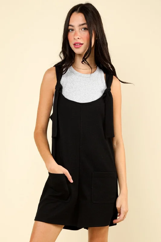 Tie Shoulder Front Pocket Romper - Black Smocked unclassified dresses