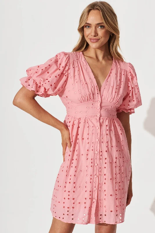 Tori Dress In Pink Cotton Broderie One-shoulder unclassified dresses