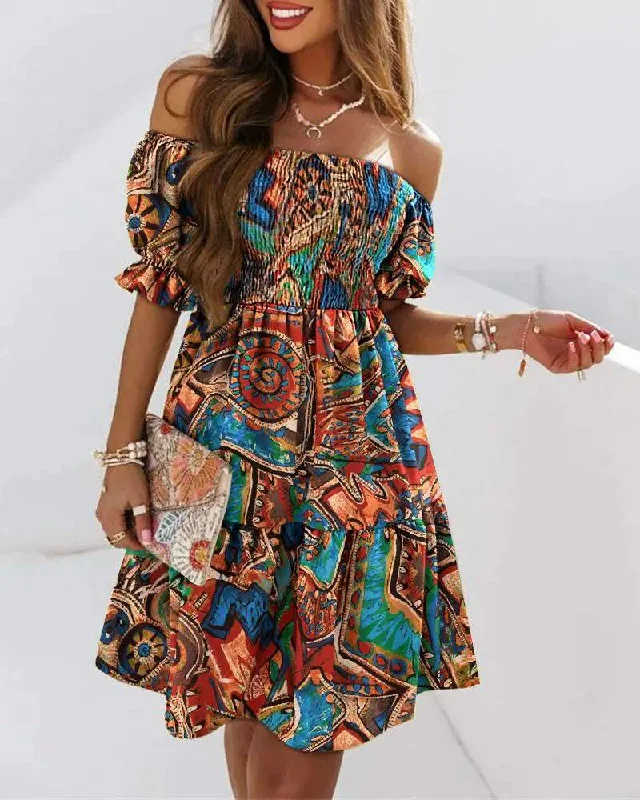 TRIBAL PRINT OFF SHOULDER SHIRRED SWING DRESS Ruffled unclassified dresses