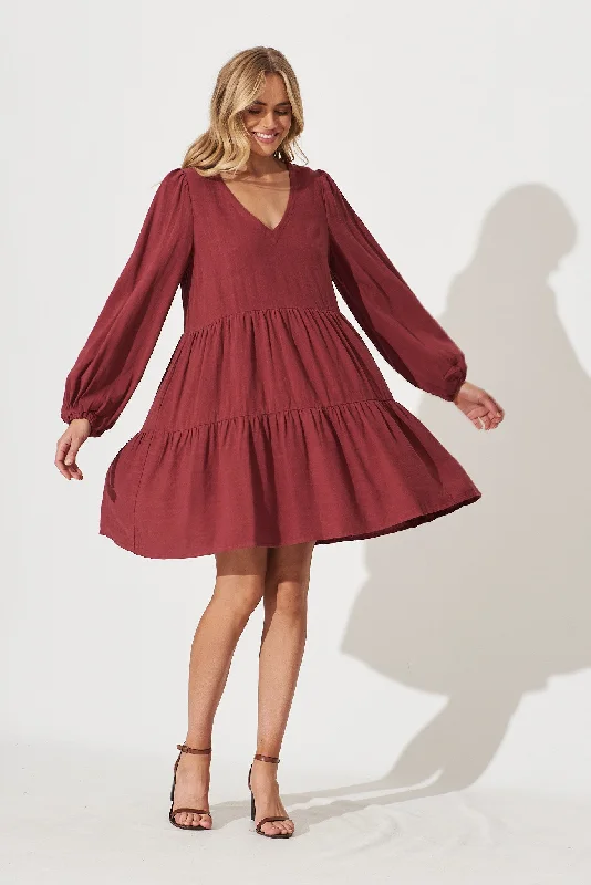 Trixie Tiered Smock Dress In Berry Linen Bold pattern unclassified dresses