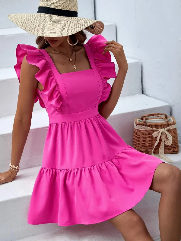 VCAY SUMMER WOMEN SQUARE NECK RUFFLE TRIM RUFFLE HEM DRESS Cotton unclassified dresses