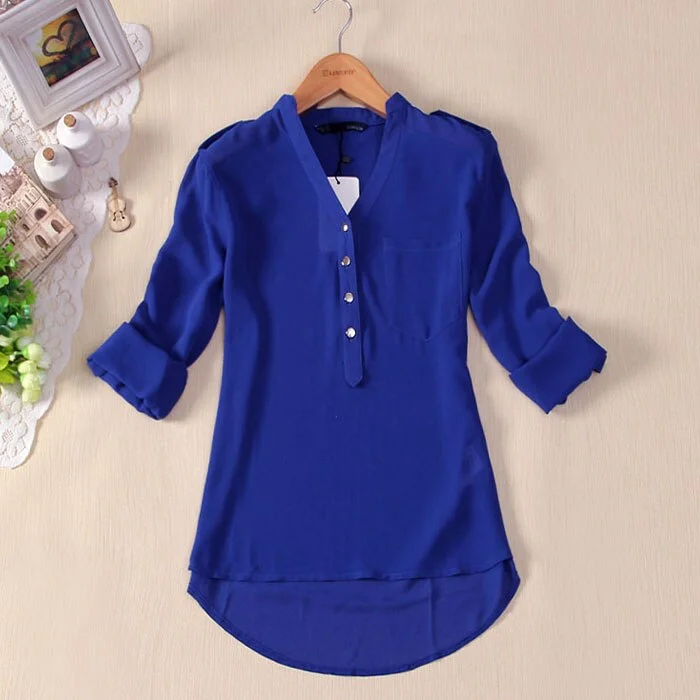 Wanita Blus Tombol V-neck Musim Semi Musim Panas V-Leher Kain Sifon Lengan Panjang Kemeja Casual Wanita Kantor Elegan Blus Kemeja p5 Color block unclassified dresses