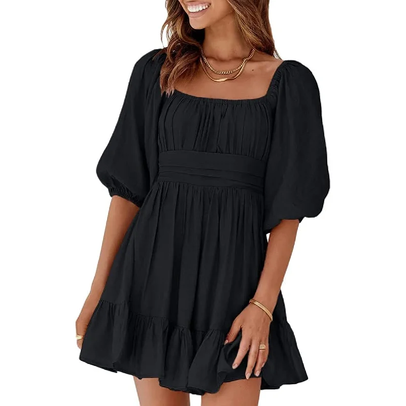 Womens Summer Dresses Square Neck Lantern Sleeve Tie Backless Ruffle A-Line Casual Dress Vacation unclassified dresses