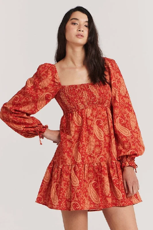 Charlie Holiday Gisele Mini Dress Terracotta Paisley Pleated Mini Denim