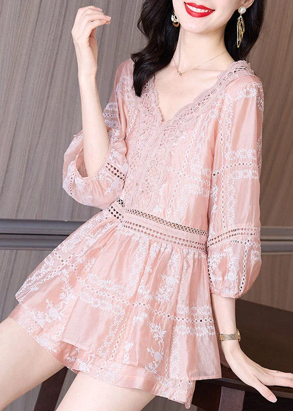 Cute Pink V Neck Lace Patchwork Chiffon Shirts And Shorts Two Piece Set Summer TI1061 Pleated Mini Skirt