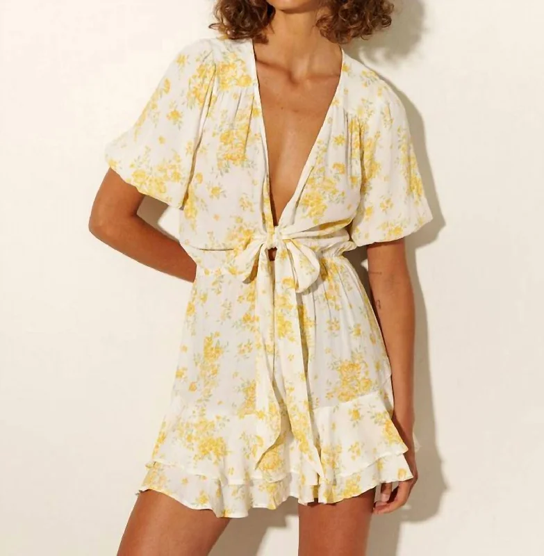 Marielle Mini Tie Front Dress In Yellow Ditsy Lace Mini Skirt