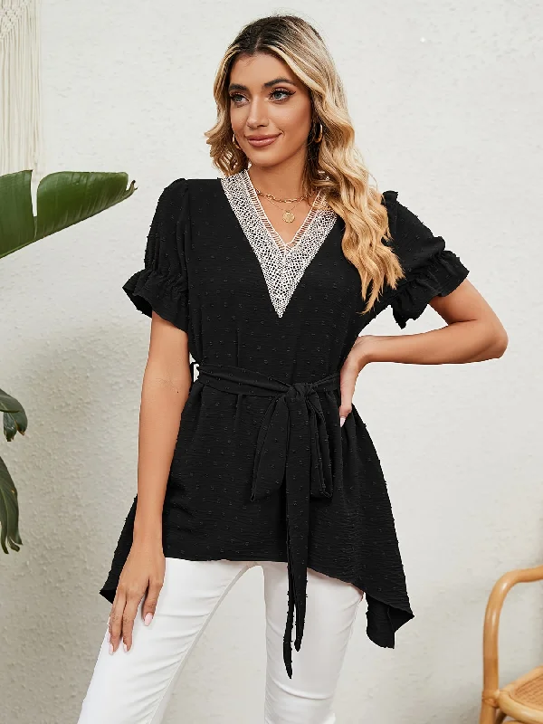 Swiss Dot Contrast Lace Blouse, Casual V Neck Short Sleeve Blouse For Spring & Summer, Women's C AZ10021 Mini Skirt with Pockets