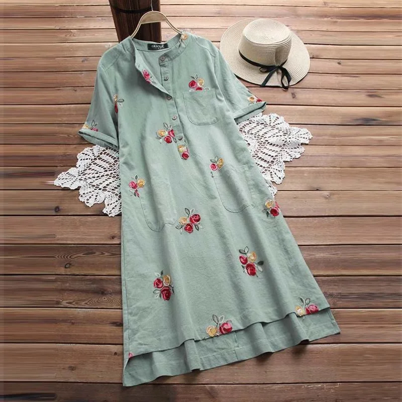 Women's Casual Cotton Short-Sleeve Dress Printed Mini Skirt