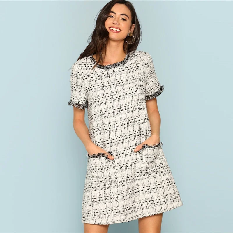 Women's Summer Plaid Short Sleeved Dress Raw Hem Mini Skirt