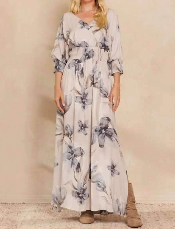 Floral Maxi Dress In Grey Button-up Maxi Skirt