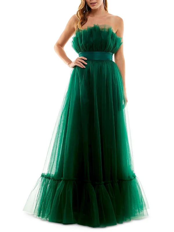 Juniors Womens Tulle Long Evening Dress Soft Ruffled Maxi