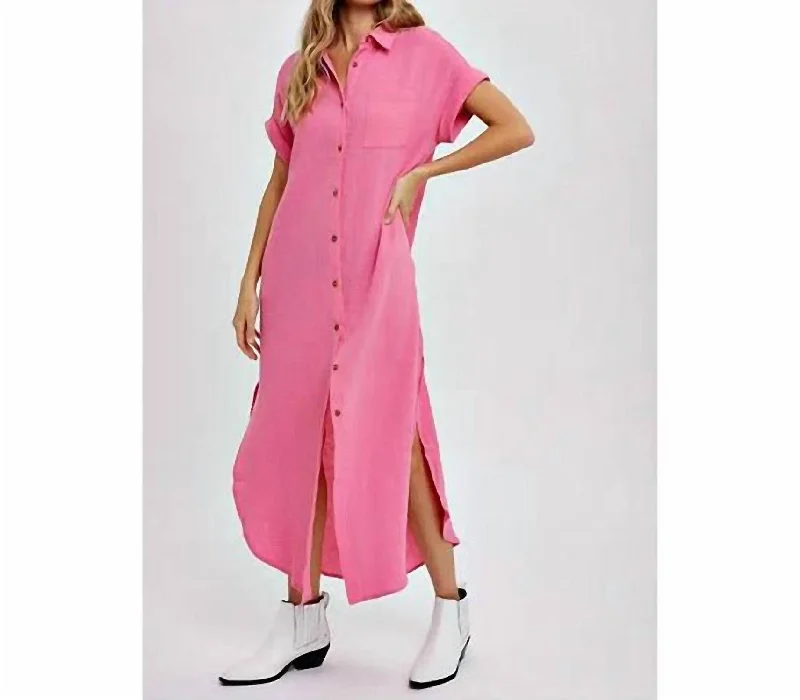 Maxi Button Up Shirt Dress With Pocket In Barbie Pink Satin Maxi Skirt