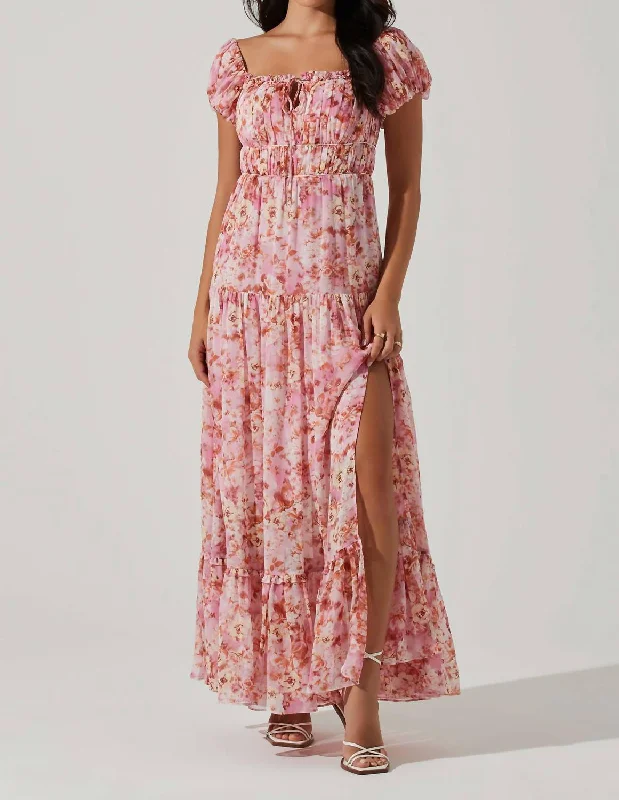 Roseline Off Shoulder Floral Maxi Dress In Pink Orange Tartan Maxi Skirt