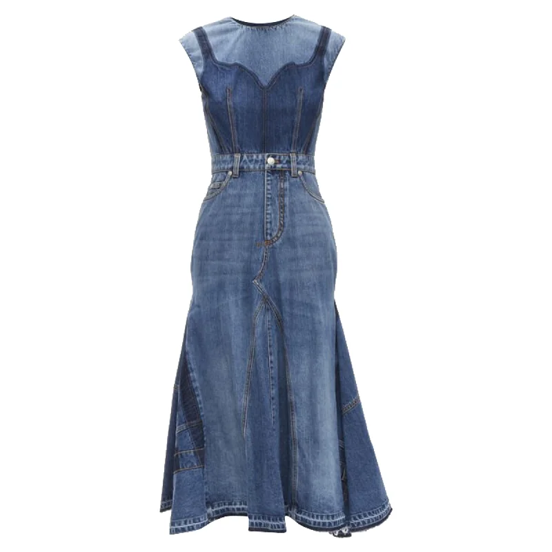 Alexander McQueen Runway washed denim shadow bodice midi dress Fashion Midi Skirt