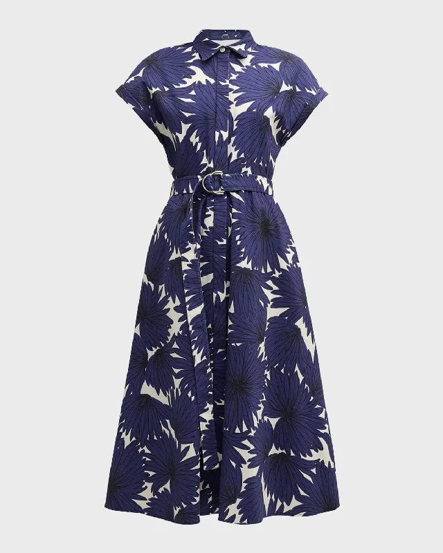 Belted Floral-Print Midi Shirtdress Elegant Midi Dress