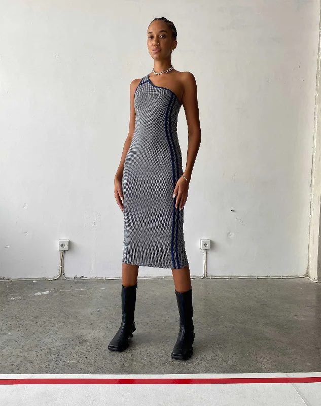 Cresida One Shoulder Midi Dress in Grey Navy Sporty Micro Spot Printed Midi Outfit