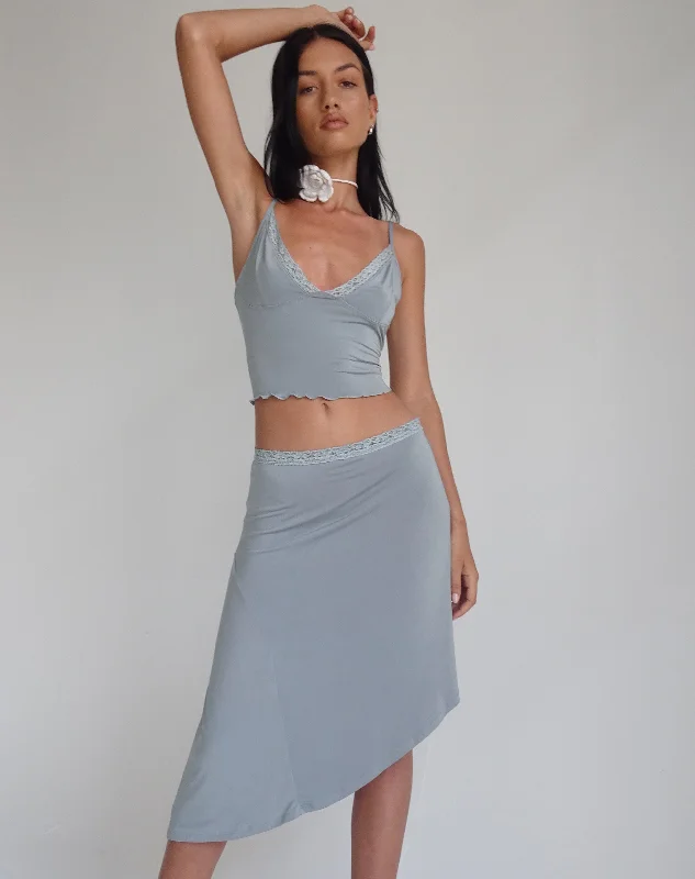 Drew Asymmetric Midi Skirt in Slinky Grey Midi Skirt Trendy