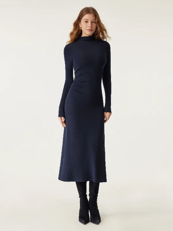 Heat-Tech Long Sleeves Mockneck Tucks Midi Dress Midi Skirt Style