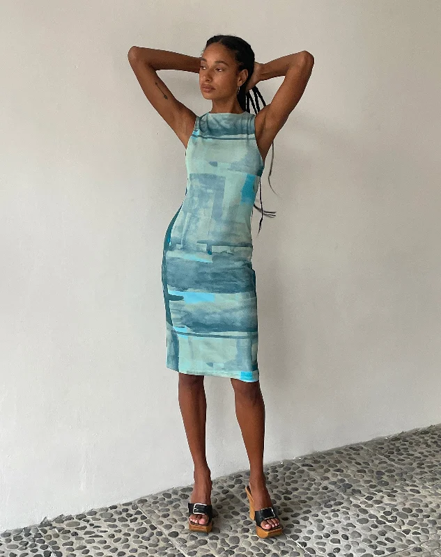 MOTEL X JACQUIE Indie Midi Dress in Mesh Green and Blue Abstract Paint Brush Front Button Midi