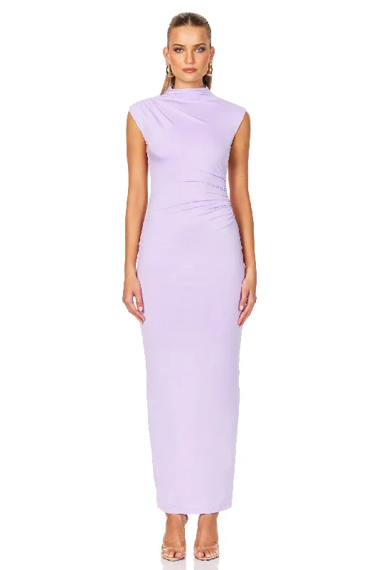 Nookie Olivia High Neck Midi Dress - Lilac Pleated A-line Skirt