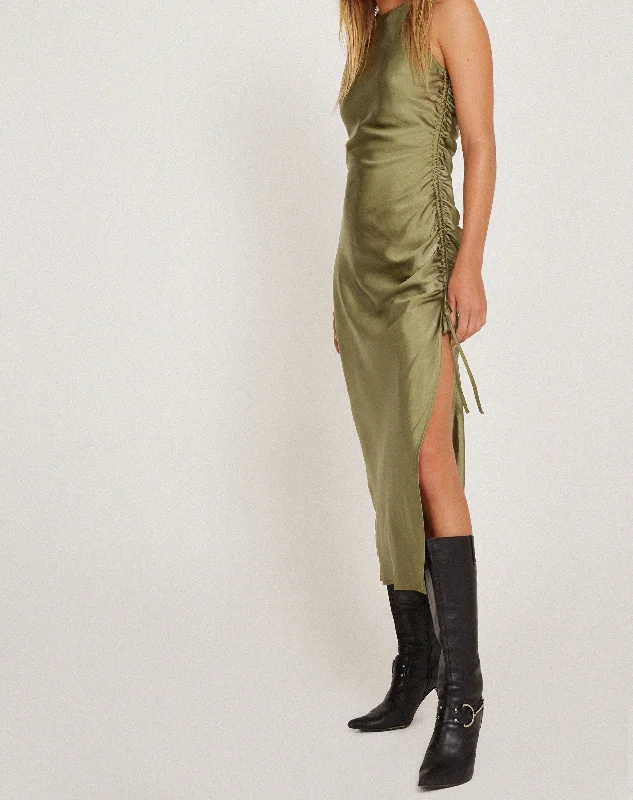 Raybu Ruched Midi Dress in Satin Olive Casual Midi Outfit